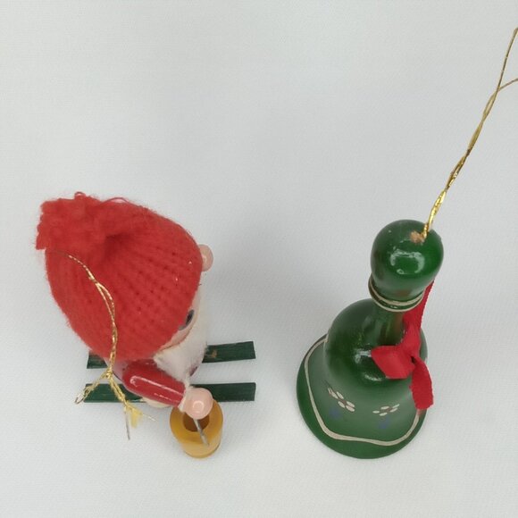 Vintage Christmas Ornament Set Of 2 Wood Bell & Santa On Skis Handpainted 1980s - Picture 8 of 10